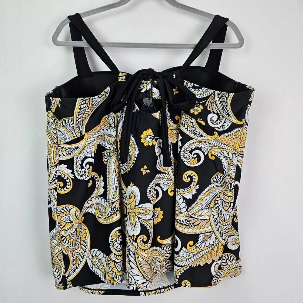Cacique Black Yellow/White Paisley Underwire Tankini Top 44DD